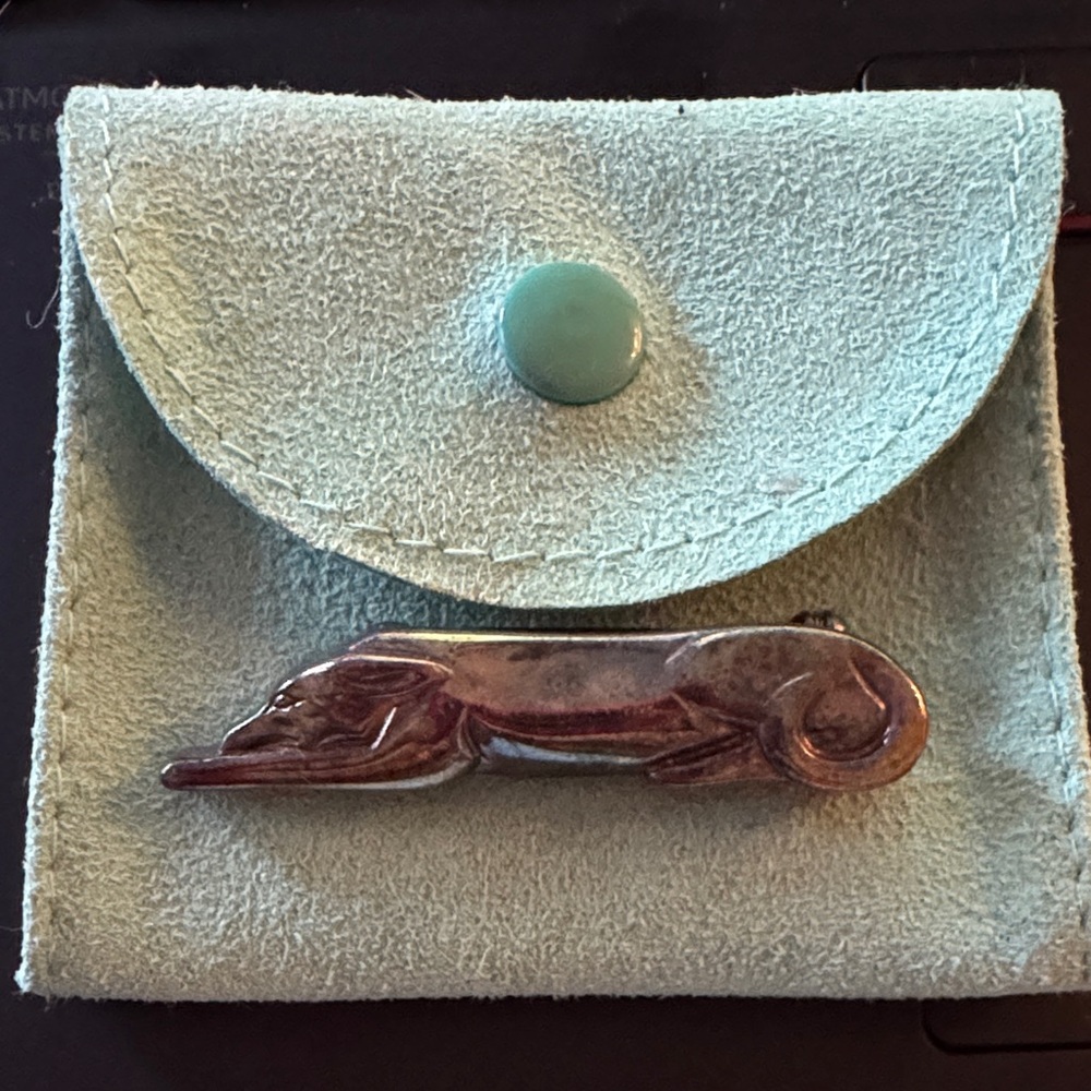 Silver Greyhound Brooch with Mint Green Pouch